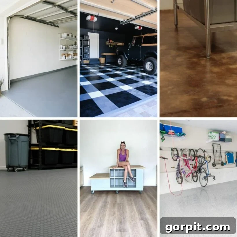 Elevate Your Garage: Smart Flooring Choices 2 A vibrant collage showcasing diverse garage flooring options including colorful interlocking tiles, glossy epoxy finishes, and comfortable turf, highlighting how different materials can transform a garage's look and feel.