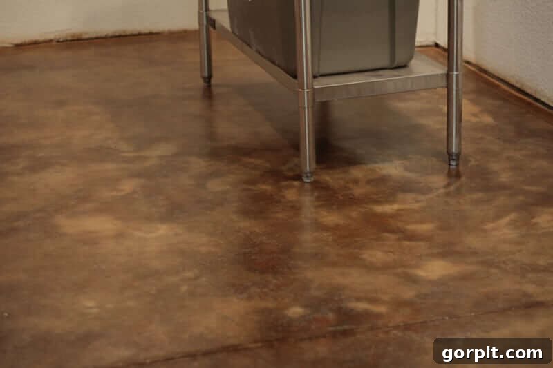 Elevate Your Garage: Smart Flooring Choices 9 A garage floor featuring beautifully stained concrete, showcasing a marbled, natural stone effect that adds elegance and unique character to the space.