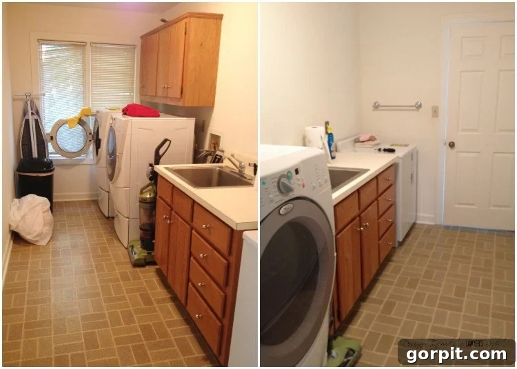 Before photo of a dull and neglected laundry room with crooked blinds.