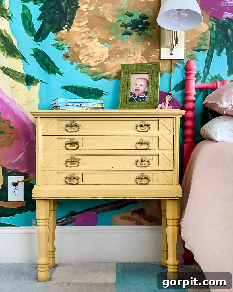 Fusion Mineral Paint offers exceptional coverage and a durable finish on this yellow bedside table, perfect for furniture makeovers.