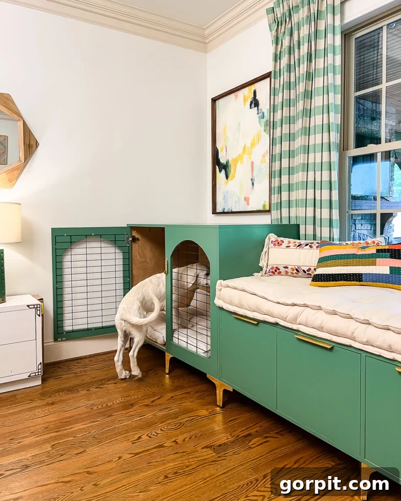 Custom DIY dog crate and matching bench painted with durable Sherwin Williams Emerald Urethane Trim Enamel in a stylish green hue.