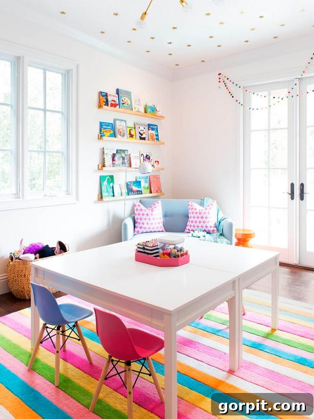 A sunny, colorful playroom with stars on ceiling, bookshelves in the corner. a striped rug, and central white table. Playroom ideas can include impactful ceilings. 