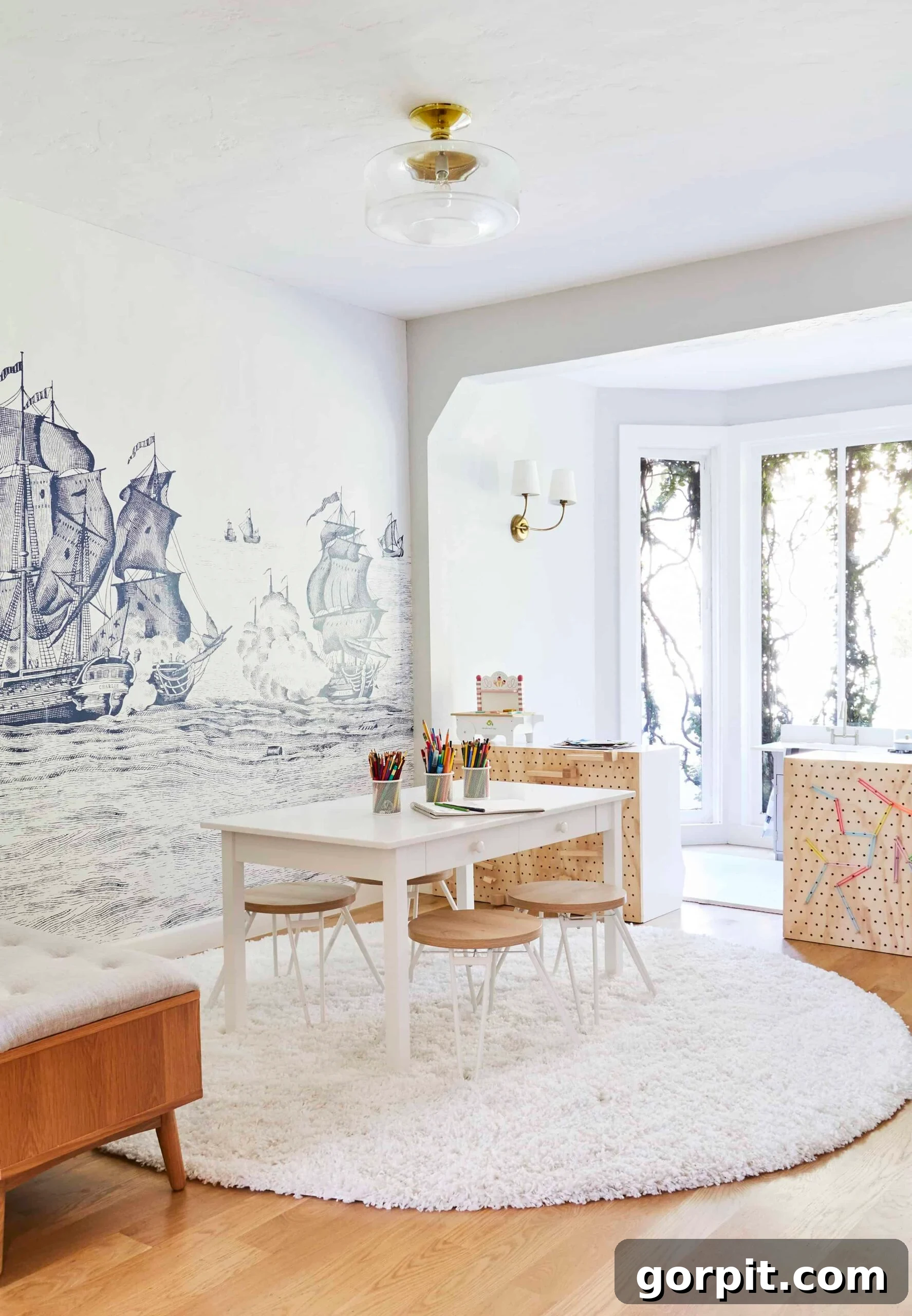 This playroom idea has a blue mural of old ships on a wall behind a white desk with four stools and large windows.