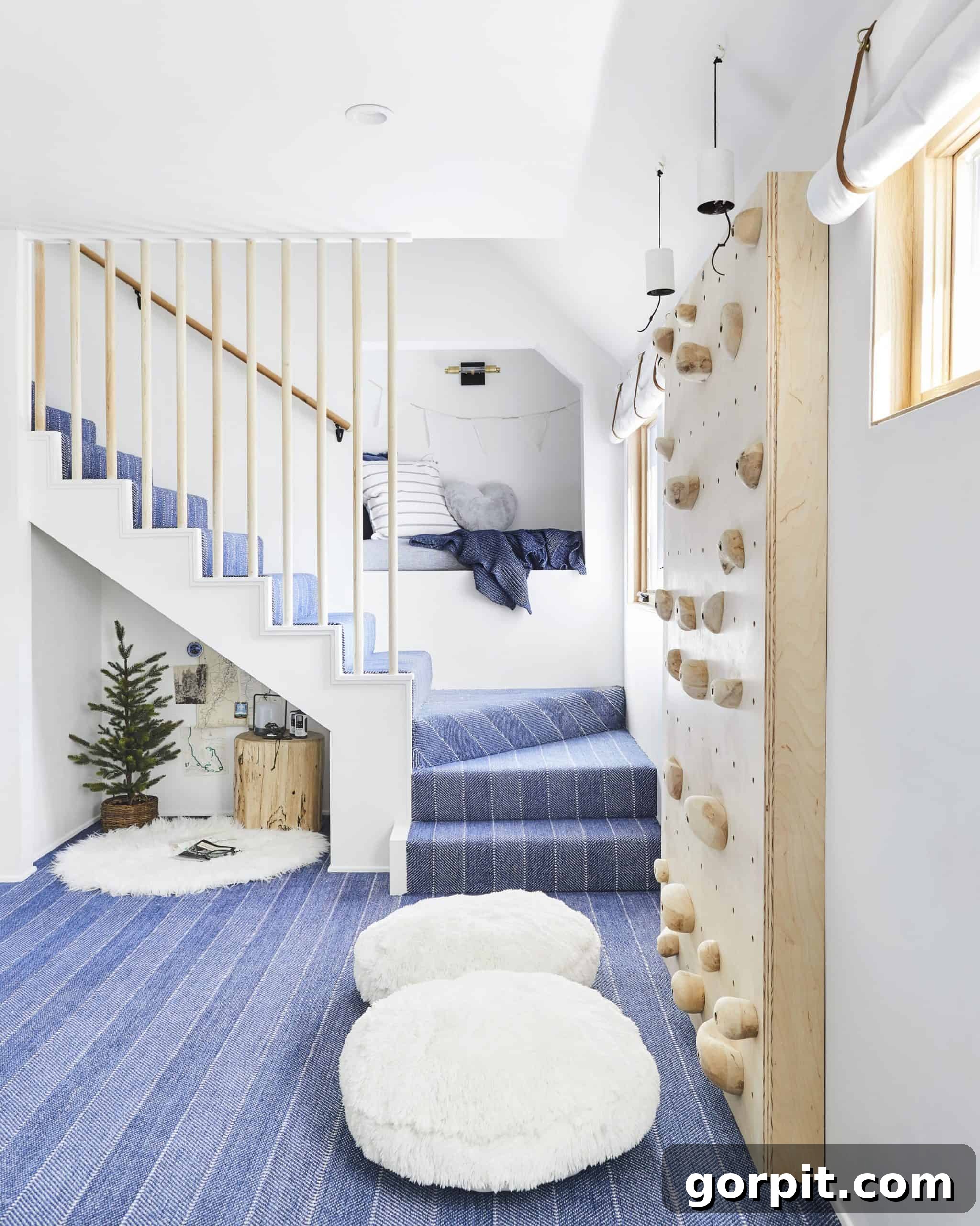 Blue striped stairs line the back wall and stop at an indoor climbing frame. Under the stairs is a little display with a small fir tree and other knickknacks. This playroom idea includes using an alcove at the back of the stairs as a place to sit. 