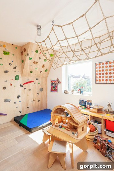 An indoor gym playroom idea includes a rock-climbing wall, ceiling rope net and wooden toys and storage bins. 