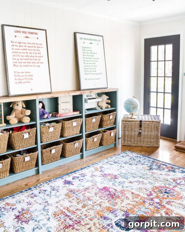 A bright playroom wall with an IKEA bookshelf hack that turns bookcases into horizontal storage. You can find playroom ideas and more in this blog. 