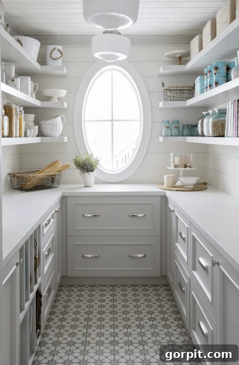 Unlock Your Pantry's Full Potential 3 white pantry with cabinets and open shelving and oval window