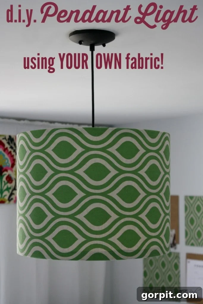 Craft Your Own Pendant Light 2 Stunning custom DIY pendant light made with personalized fabric, perfect for a craft room or home office.