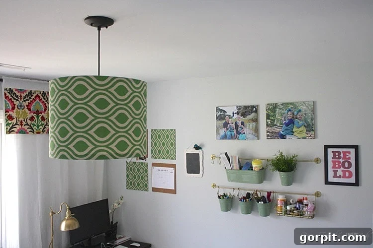 Craft Your Own Pendant Light 13 Finished custom fabric pendant light hanging beautifully in the craft room, casting ample light.
