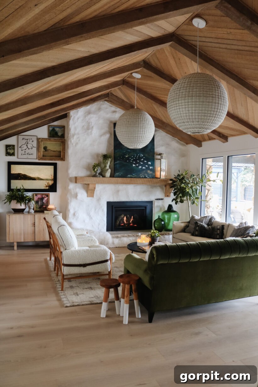 Living room with a high, vaulted ceiling featuring original natural wood paneling, contributing to a warm and inviting atmosphere in a renovated 1970s home.
