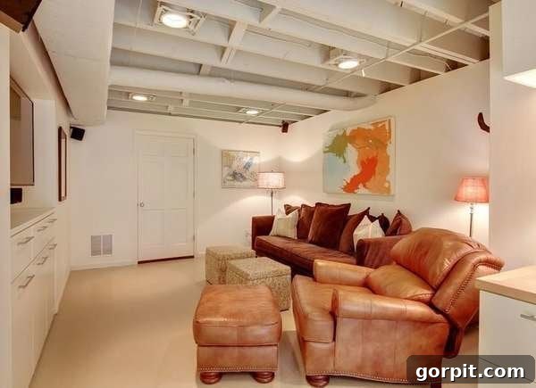 Basement living space featuring an exposed ceiling painted uniformly dark, which helps to camouflage utilities and create a modern, spacious feel.