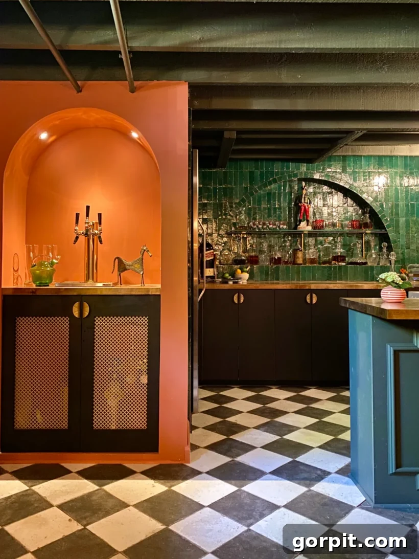 A sophisticated basement bar and lounge area with an exposed, dark painted ceiling, contributing to an industrial-chic and elegant ambiance.