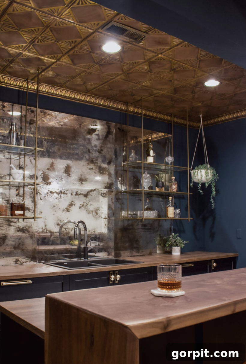 A luxurious basement bar featuring an ornate tin ceiling, adding vintage charm and intricate architectural detail to the space.