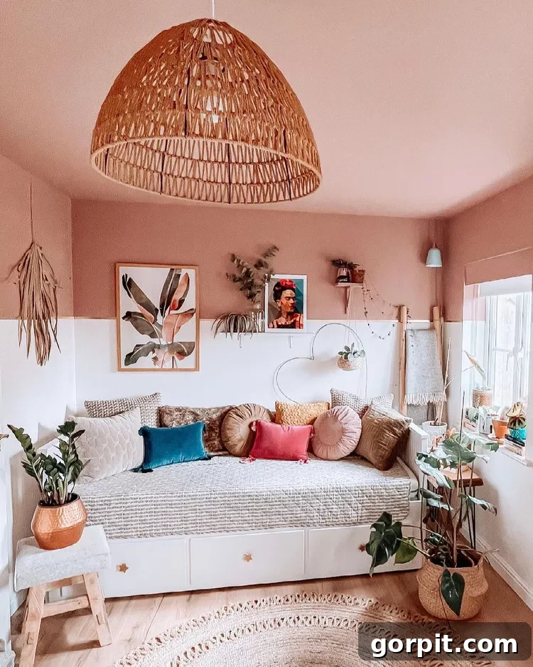 A vibrant blue painted ceiling that seamlessly transitions into the upper part of the walls in a bright, eclectic living space, adding a unique and bold design element.