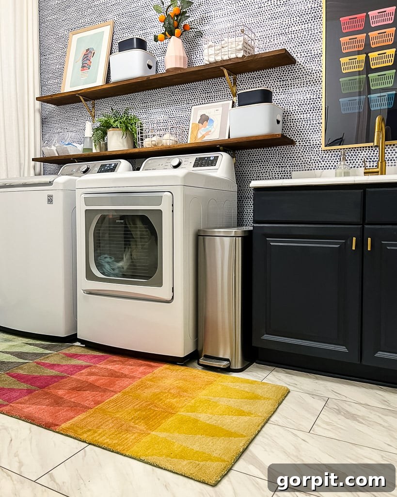 Chic DIY wall shelves providing storage in a vibrant laundry room