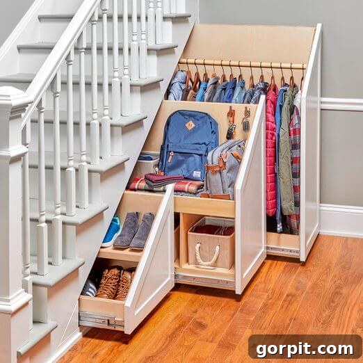 Smart DIY Storage Hacks for Compact Living 11 DIY pullout storage under the stairs for coats and shoes