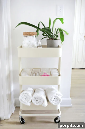 Smart DIY Storage Hacks for Compact Living 19 rolling cart for extra bathroom storage with plant