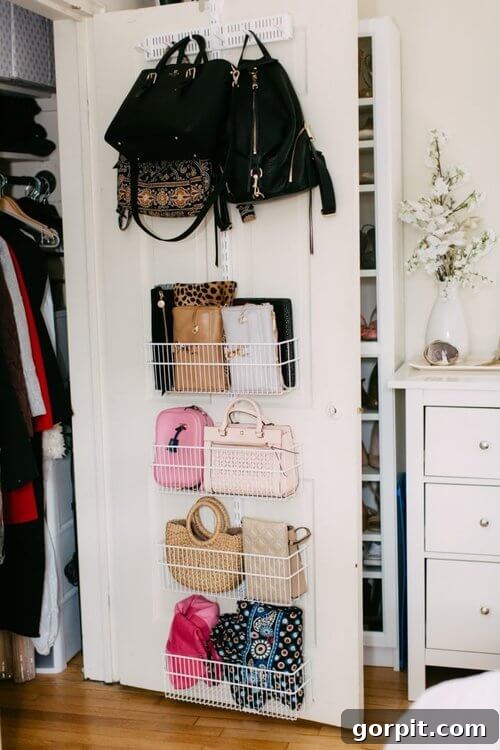 Smart DIY Storage Hacks for Compact Living 6 purse storage on back of closet door with hooks and bins