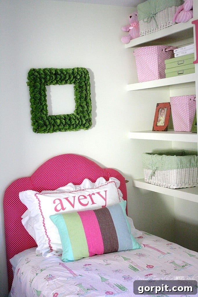Full view of the custom upholstered headboard in a bedroom setting