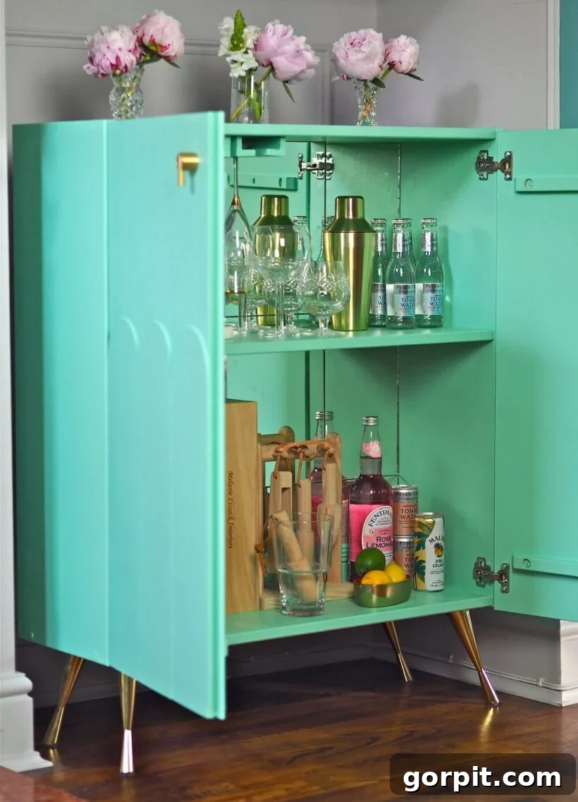 Glamorous small bar cabinet created from an IKEA IVAR hack, featuring mirror tiles and elegant barware