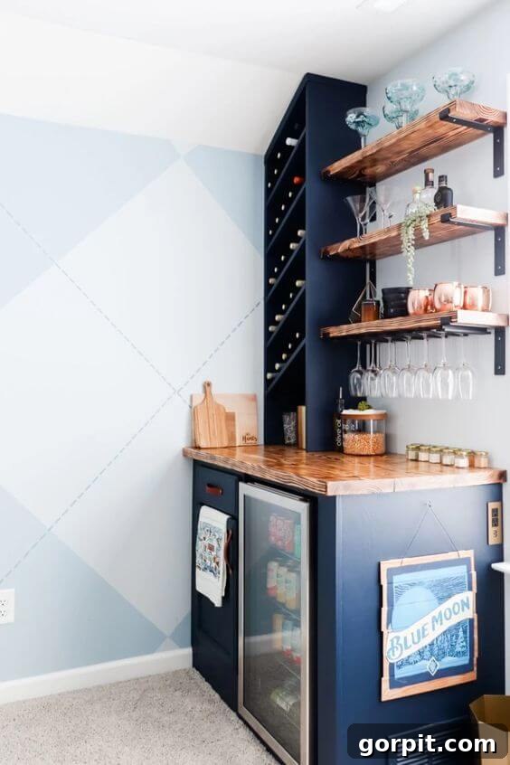 Corner game room bar with built-in wine racks, open shelving for glasses, and a mini fridge