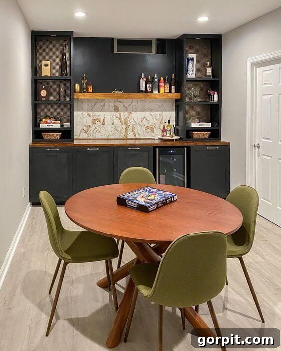 Luxurious DIY basement bar featuring a faux marble tile backsplash and ample storage space