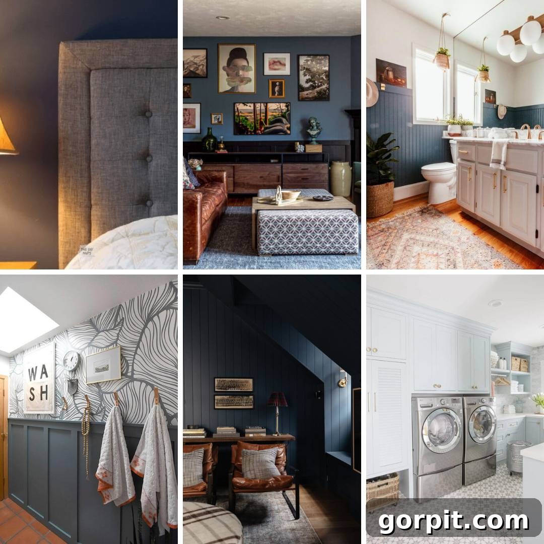 A collage of six photos demonstrating the different hues of blue gray paint colors in a mudroom, laundry room, dining room, quaint living room, and a bathroom. 
