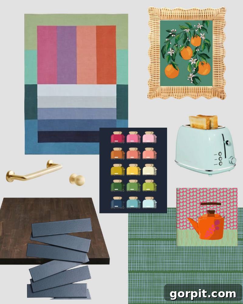 Mood board for the butler's pantry design, featuring chosen tile, wallpaper, and art.
