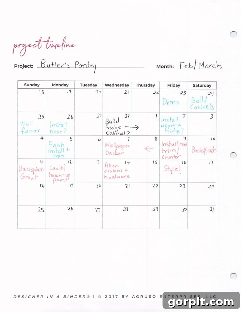 Project to-do list and schedule from a design binder, outlining tasks and timeline.