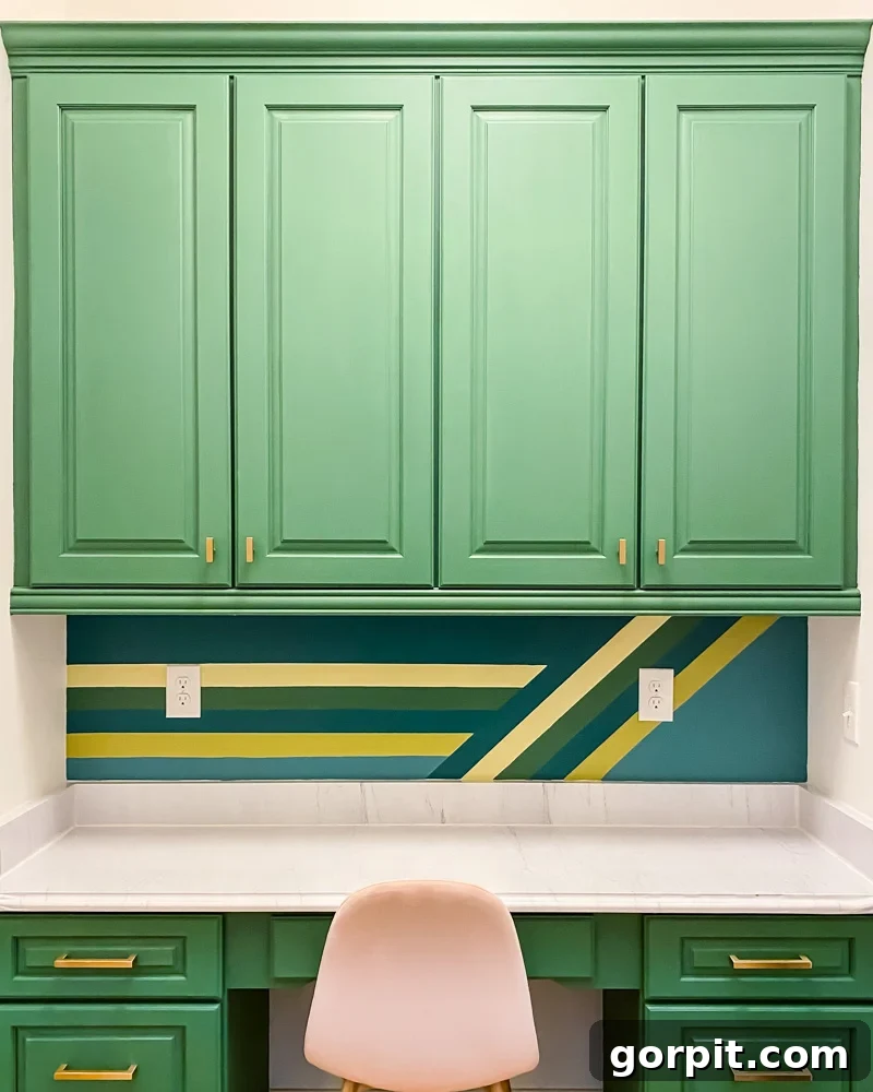 Built-in office area after a cosmetic makeover, with painted cabinets and faux marble countertops.