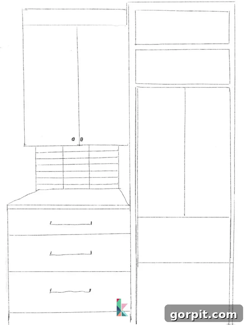 Hand-drawn sketch illustrating the planned layout of the new butler's pantry.