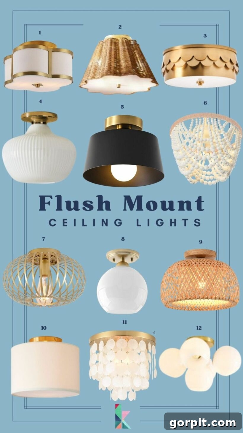 A curated collection of 12 stylish flush mount ceiling lights, featuring various designs with gold, black, and natural accents, set against a blue background for visual contrast.