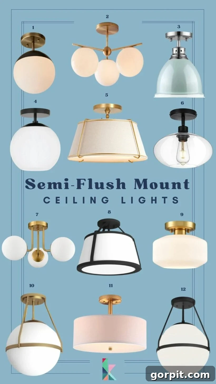 A curated collection of 12 elegant semi-flush mount ceiling lights, featuring various designs with gold, black, and white glass elements, presented against a deep blue background.