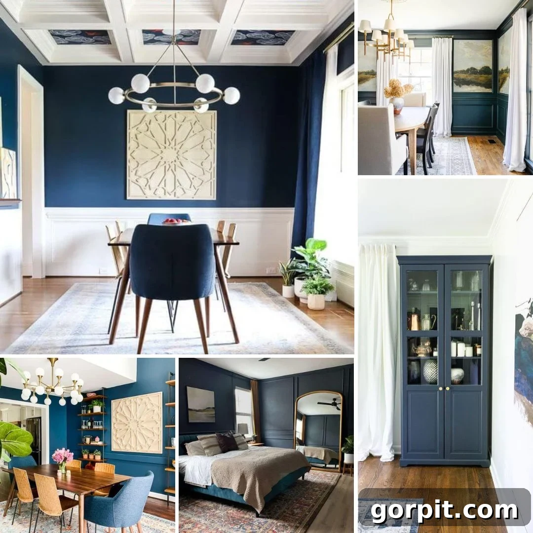 A picture collage of rooms using the best navy blue paint colors, showcasing walls, dining room chairs, and cabinets in various navy shades.