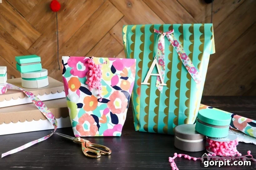 Beautifully crafted DIY gift bag made from wrapping paper, perfect for any occasion. A thoughtful and creative gift wrapping solution by Tasha Agruso of Kaleidoscope Living.