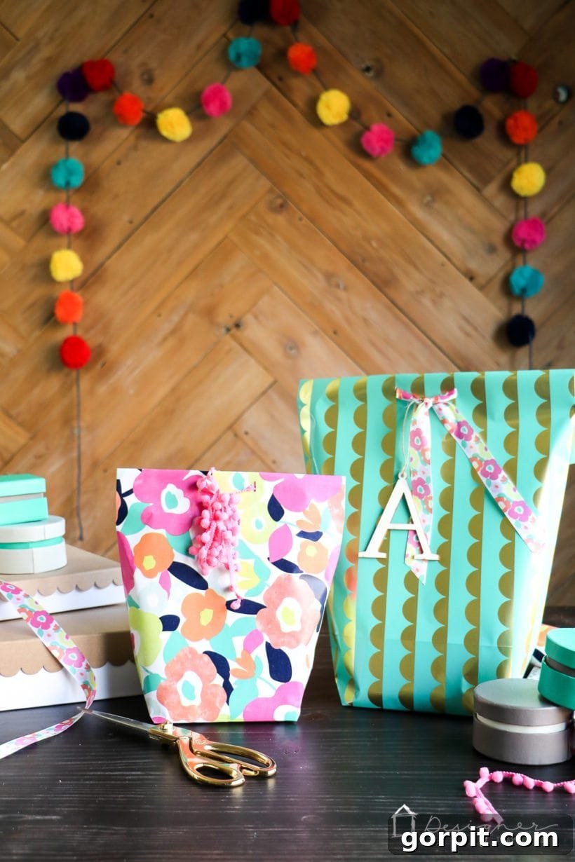 A stunning DIY gift bag made from vibrant wrapping paper, accompanied by scissors, ribbons, and gift boxes, showcasing the craft in action.