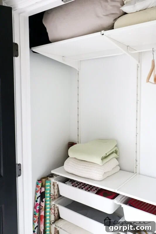 Transform Your Closets: 7 DIY Makeovers Using Our Favorite Systems 12 An open closet with white adjustable shelves and bin drawers are part of this closet makeover. The bottom corner reads, "DesignerTrapped.com."