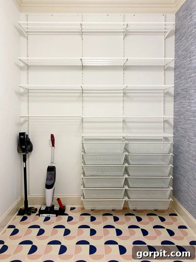 Transform Your Closets: 7 DIY Makeovers Using Our Favorite Systems 14 Shelves, bin drawers, and a vacuum and a mop take all of a small wall in a laundry room.