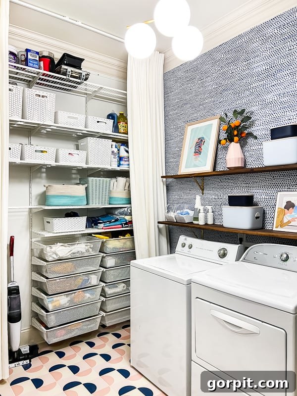 Transform Your Closets: 7 DIY Makeovers Using Our Favorite Systems 15 Shelves and drawer bins take up an entire small wall and has a curtain to hide it. A washer and dryer are along the other side of the laundry room.