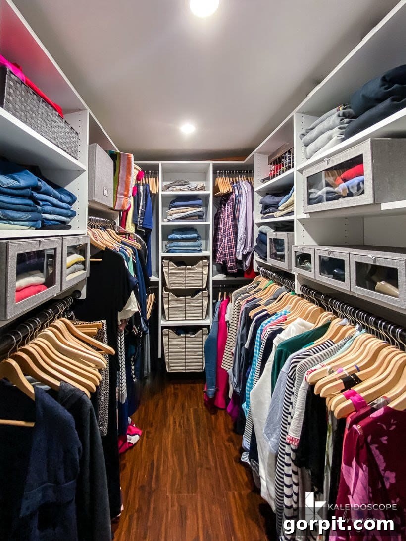 Transform Your Closets: 7 DIY Makeovers Using Our Favorite Systems 3 EasyCloset DIY closet system in a primary bedroom closet shows organized clothes, shelves for accessories, and folded jeans.