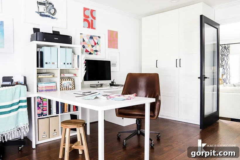 Transform Your Closets: 7 DIY Makeovers Using Our Favorite Systems 7 Desks form a "T" with a bookcase, leather wheeled chair, craft supplies. and an IKEA pax closet in home office.
