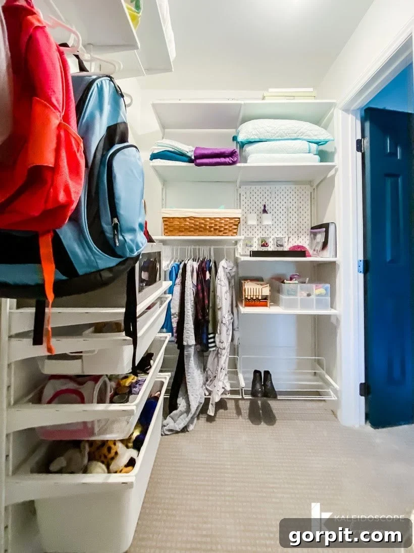 Transform Your Closets: 7 DIY Makeovers Using Our Favorite Systems 9 A deep closet in a kid's room uses the IKEA Boaxel closet system, allowing the backpacks and clothes to be hung neatly, while providing bin drawers and shelves for toy, shoes, and other belongings.