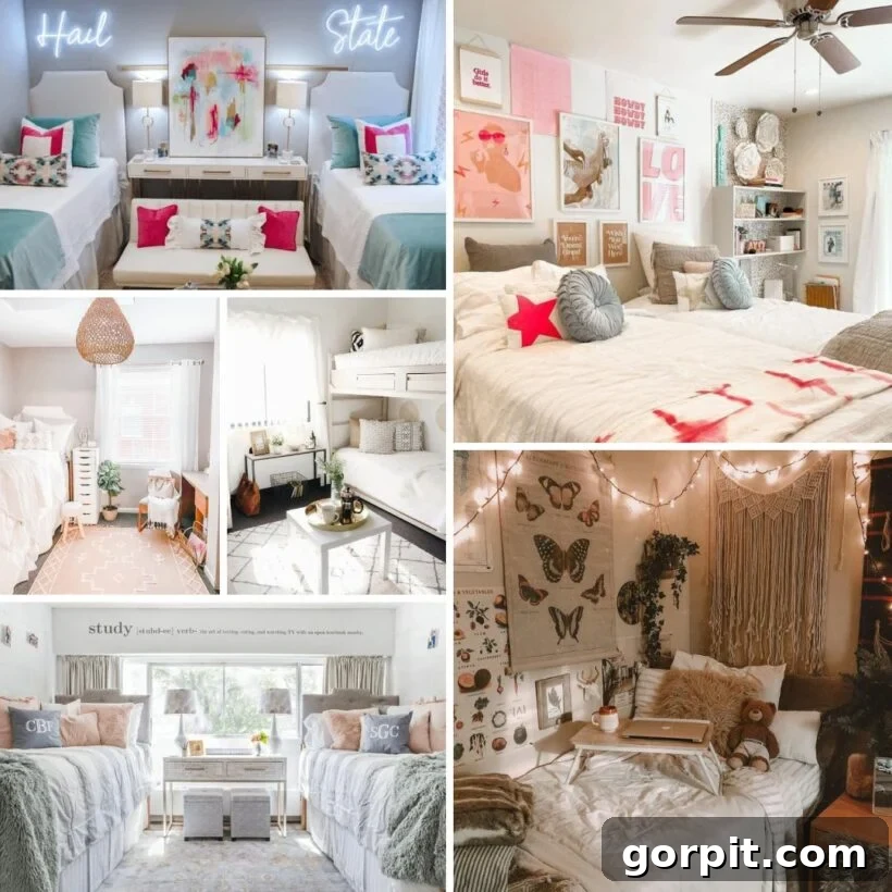 A collage of dorm room ideas for decorating and updating, featuring color tones in white, blue and pink, bedding, and wall art.