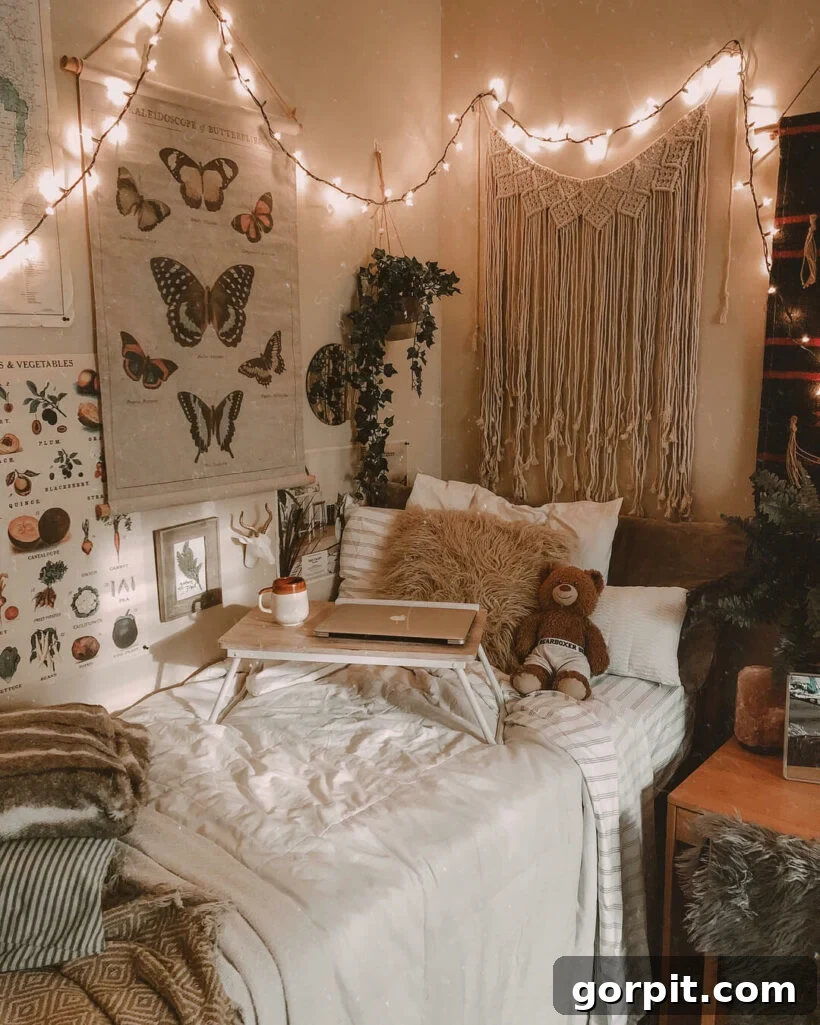 A dorm room with naturalist wall hangings, plants, and macrame pieces create a boho-chic feel when paired with twinkle lights, neutral bedding and a graphic throw blanket.