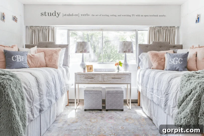 Twin beds against the left and right walls, a big window with a two-drawer table in front of it in a neutral, peach and green dorm room with "Study" decal.