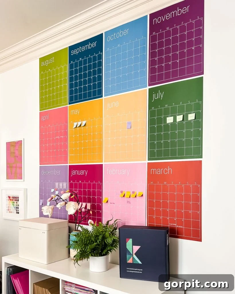 A reusable large wall calendar with a different color for every month, which can also work as artwork, on the wall behind a short bookcase.