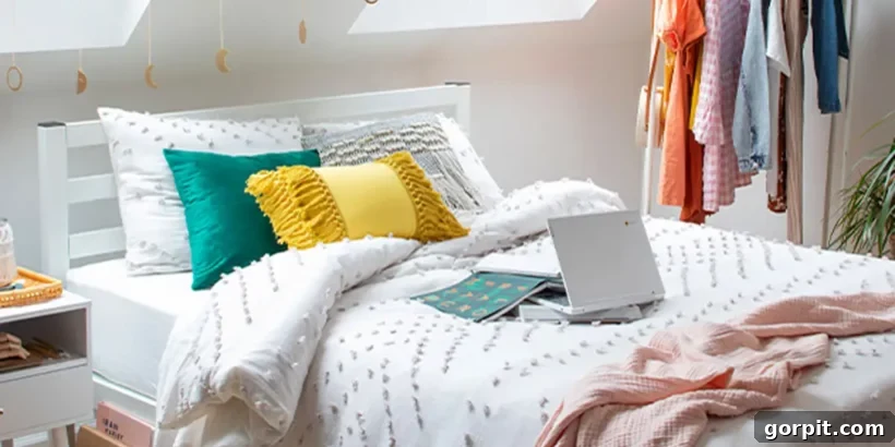 A picture of dorm room ideas from Amazon shows a twin bed with a textured bedspread, and a clothes rack with hanging shirts.