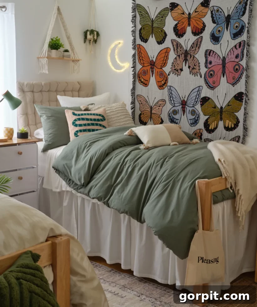 Dormify has plenty of dorm room ideas, like these two plush sage-colored comforters, a butterfly wall tapestry, and an upholstered headboard below a macramé plant shelf.