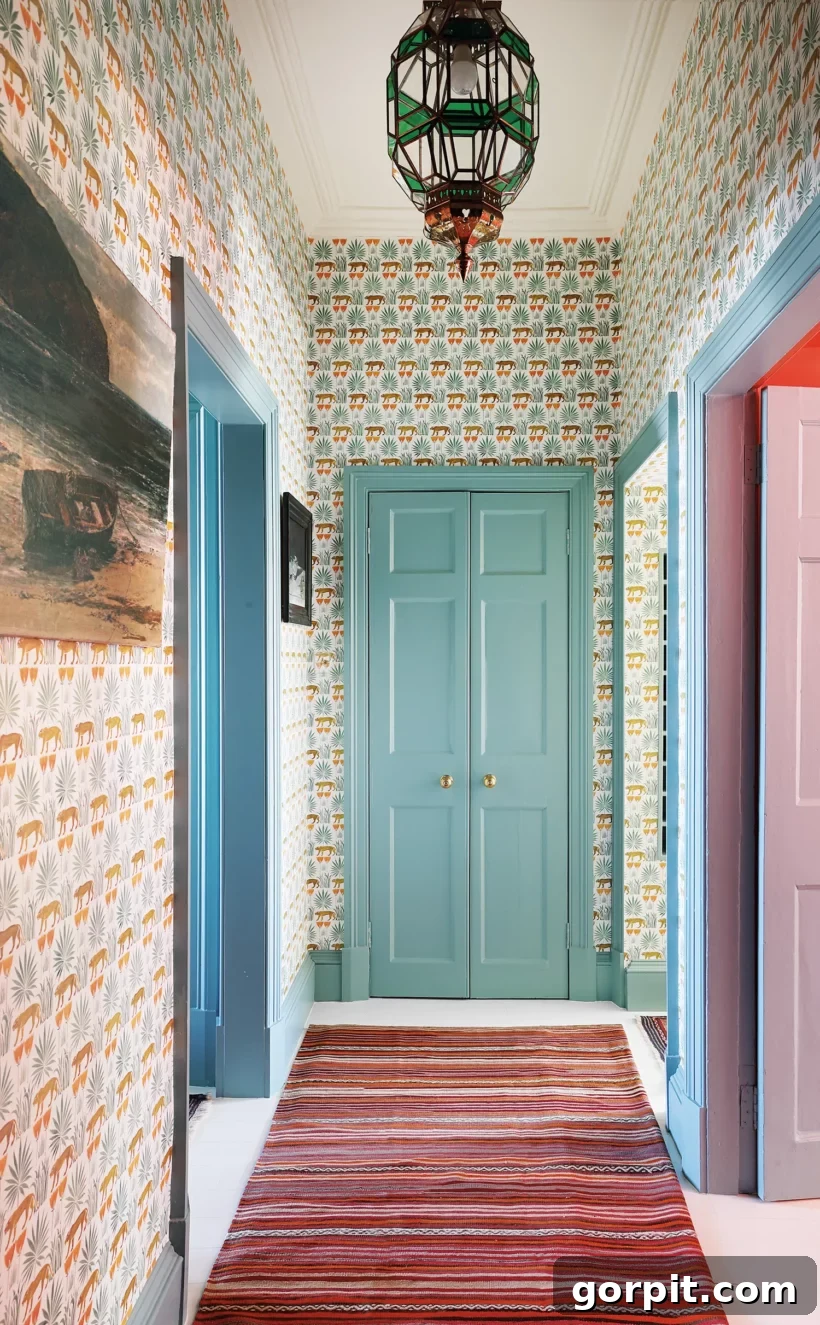 18 Wallpaper Gems to Transform Your Digital Space 10 A hallway transformed with bold and whimsical wallpaper, creating a magical and inviting transition space within the home.