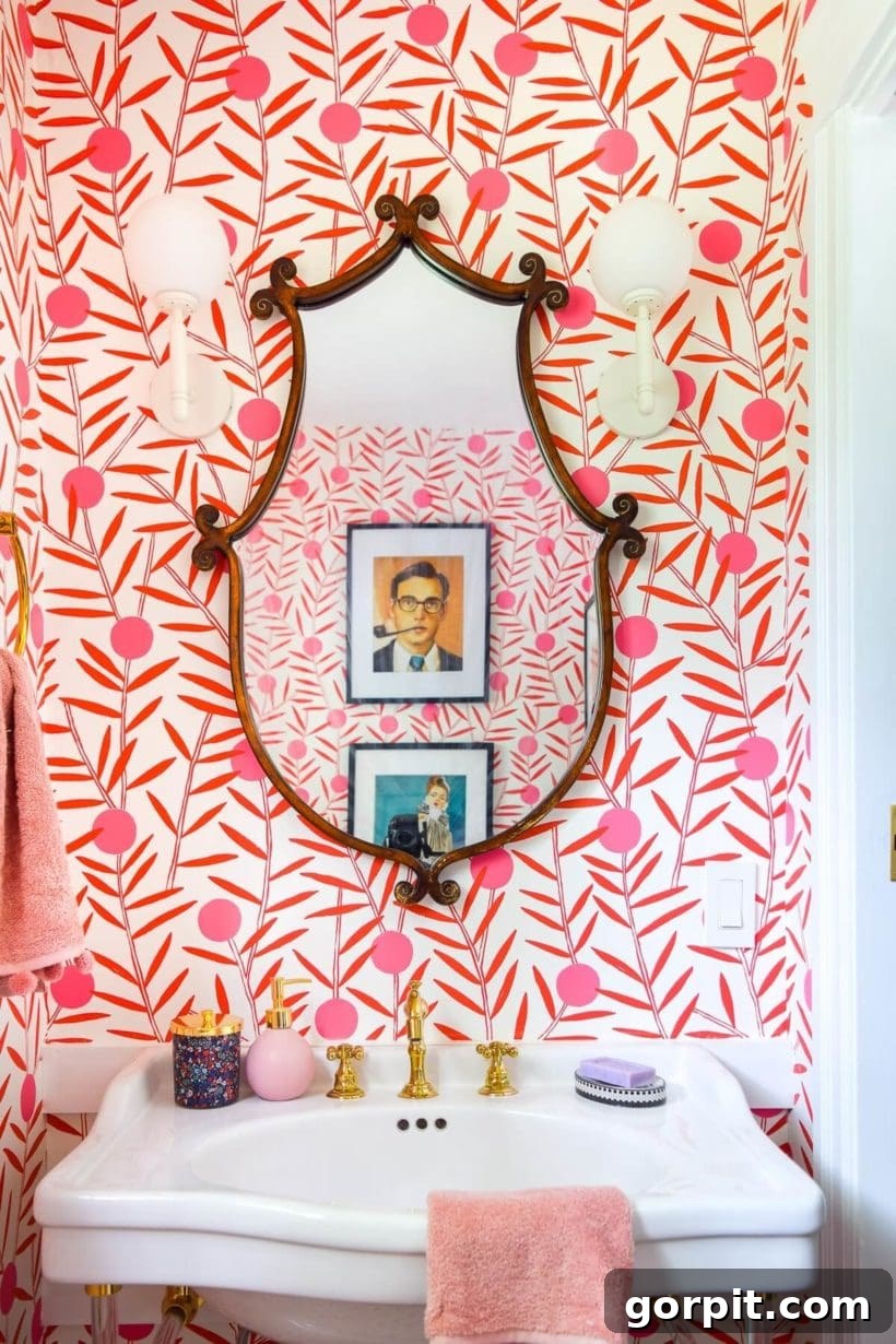 18 Wallpaper Gems to Transform Your Digital Space 11 A vibrant bathroom featuring a bold, colorful wallpaper that creates a unique and energetic atmosphere.